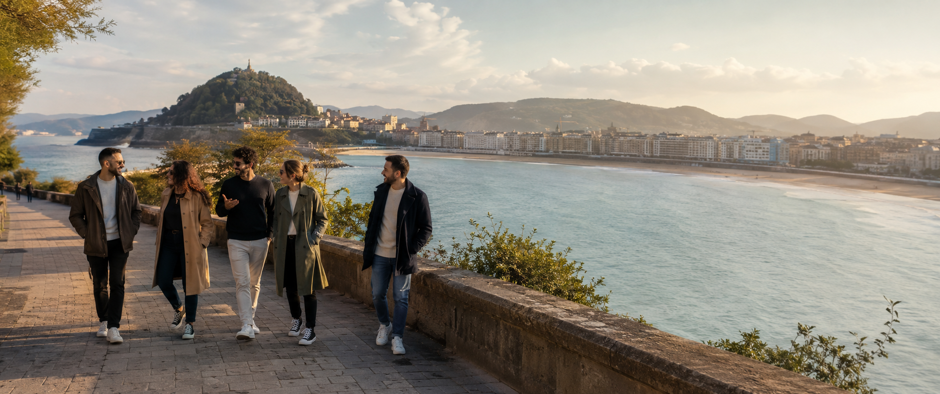 Grupo de amigos paseando junto a la bahía de Donostia